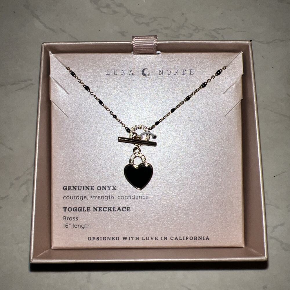 Luna C Norte Necklace Gold Plated Brass Pendant Black Heart Genuine Onyx 16 L